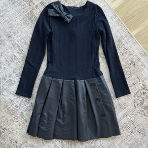 Girls' Black Long-Sleeve Dress with Bow & Pleated Faux-Leather Skirt